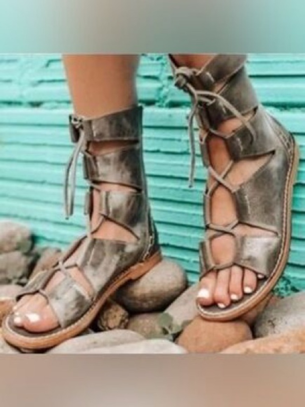 Freebird by Steven Caesar Leather gladiator Lace up sandals distressed Grey 8